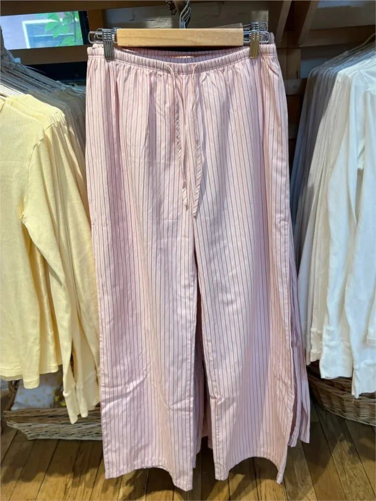 Pink Striped Drawstring Straight Sweatpants Women New Y2K Cotton Linen High Waist Trousers Sweet Preppy Style Sport Long Pants