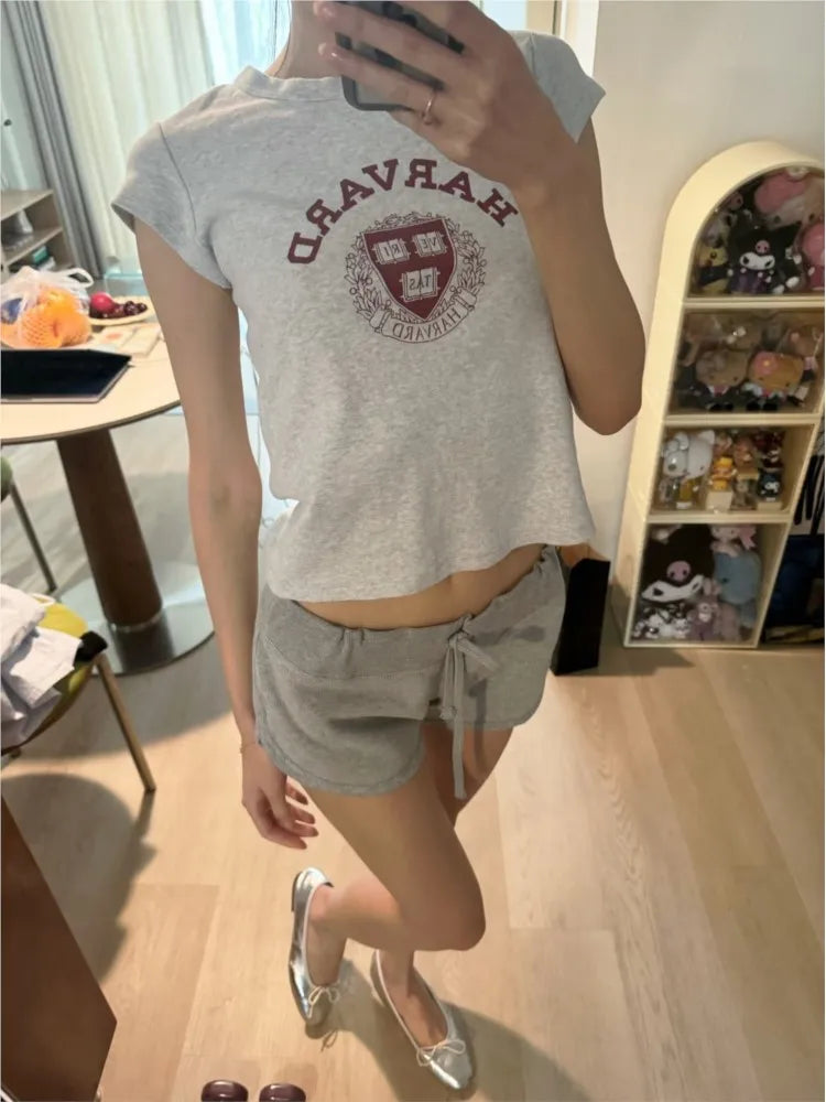 Letter Print Slim T-shirt Women Preppy Style O-neck Short Sleeve Cotton Tee Shirts American Vintage Harvard Pattern  Crop Tops