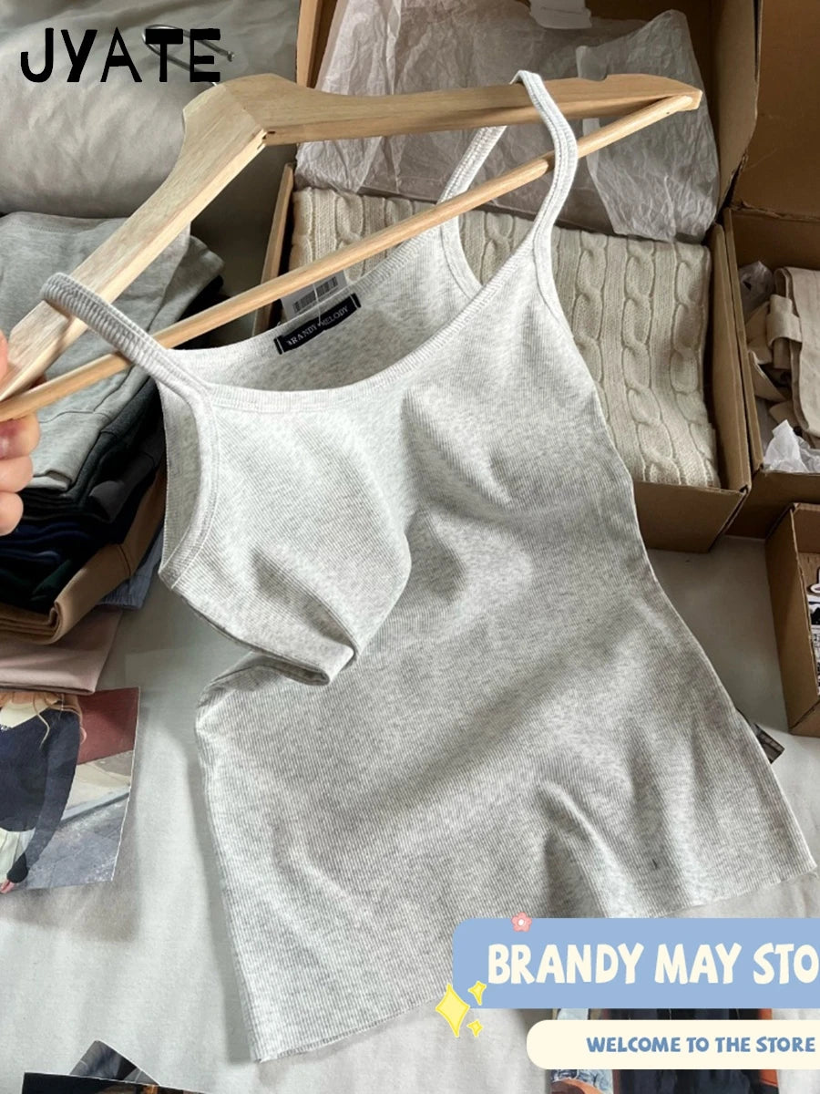 Simple Gray Raw Hem Tank Tops Women Summer New Cotton Soft Ribbed Casual Streetwear Vests Female Vintage Basic Chic Camisole Y3K