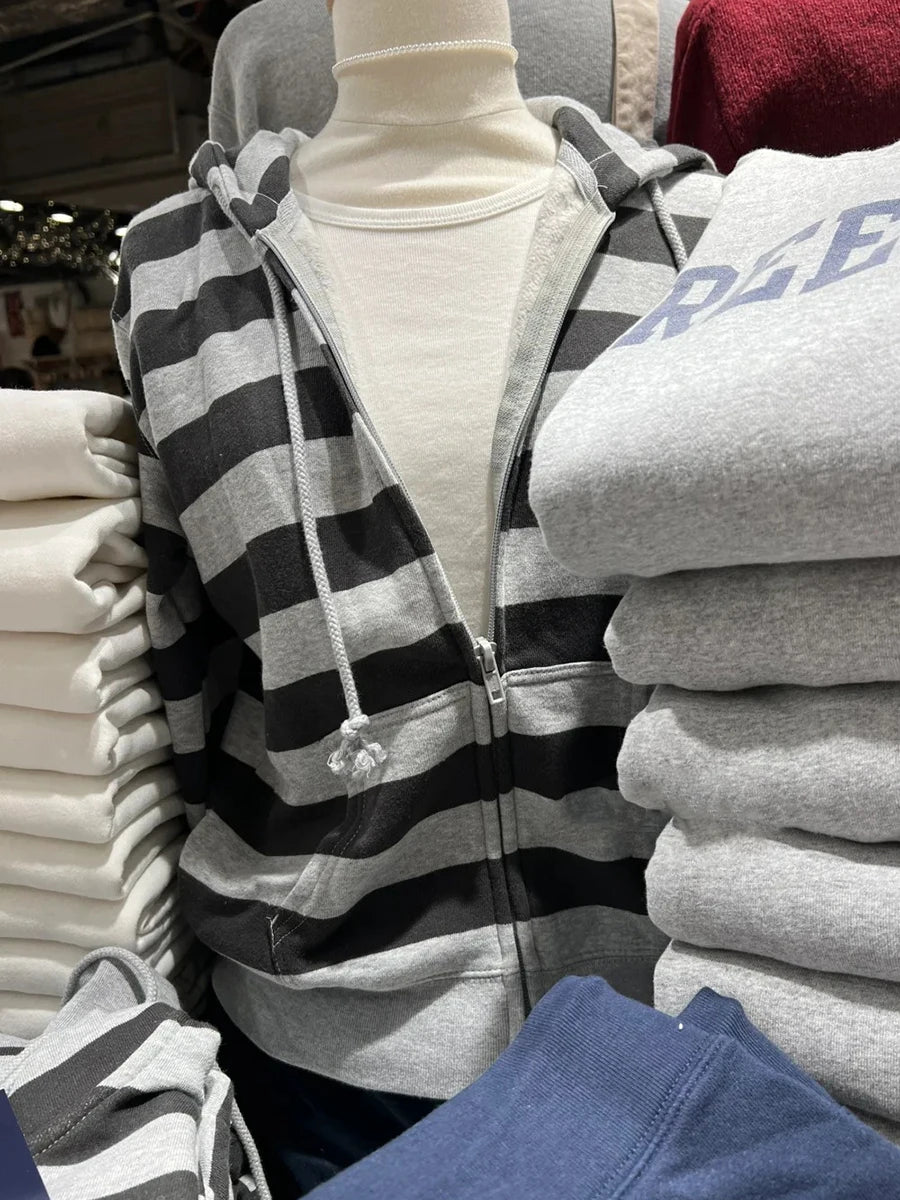 Fashion Striped Pockets Knitted Hooded Sweater Women Autumn Cotton Retro Crop Pullover Tops Vintage Chic Sweet Cardigan Jumper