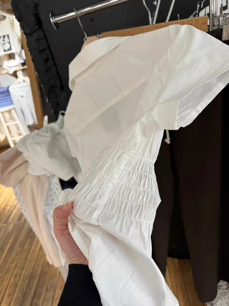White Elastic Waist Slim T-shirt Blouse Woman Summer Turn Down Collar Short Sleeve Shirts Female Casual Simple Preppy Style Tees