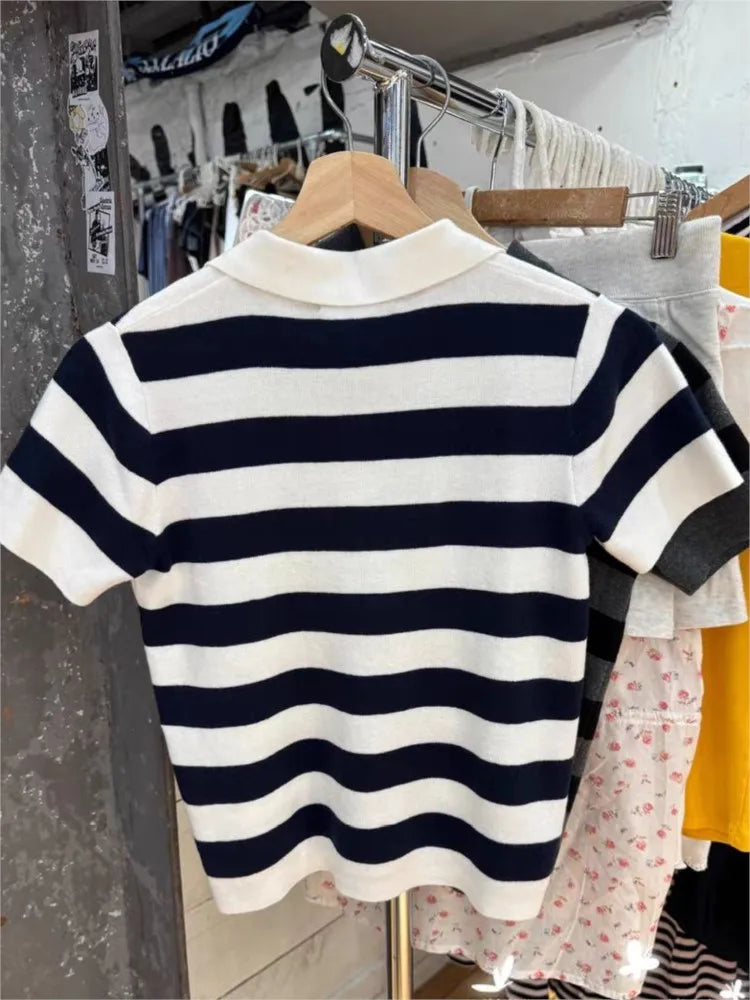 Vintage Striped Knitted Slim T-shirt Women Buttons Turn-down Collar Short Sleeve Tees Preppy Style Cotton Sweet Y2K Tshirts Tops