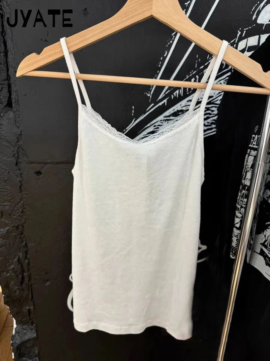 Sweet White V-neck Flower Folds Tank Tops Women New Cotton Casual Slim Lace Trim Sleeveless Vests Cute Vintage Chic Camisole Y2K