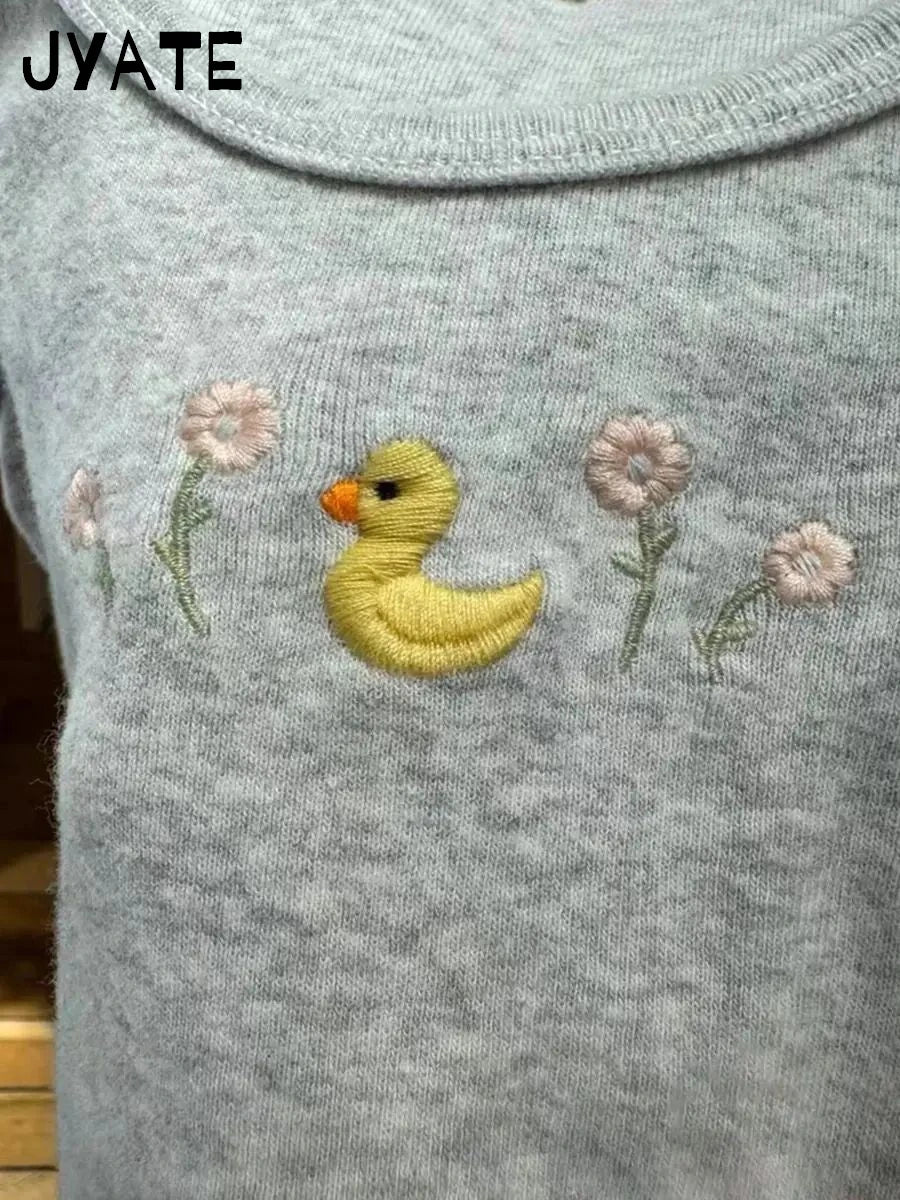 Little Yellow Duck Embroidered Tank Tops Women New Cotton U-neck Cute Chic Flower Graphic Vests Sweet Preppy Style Camisole Y2K
