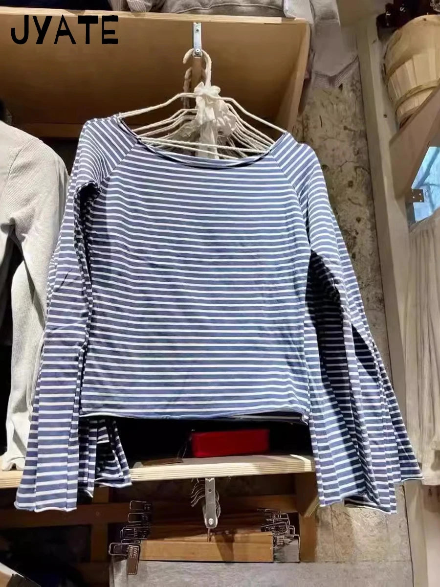 Blue Striped Slash Neck Long Sleeve Tees Women New Cotton Soft Casual Slim Raw Hem Tops Clothes Vintage Sweet Chic T-shirts Y2K