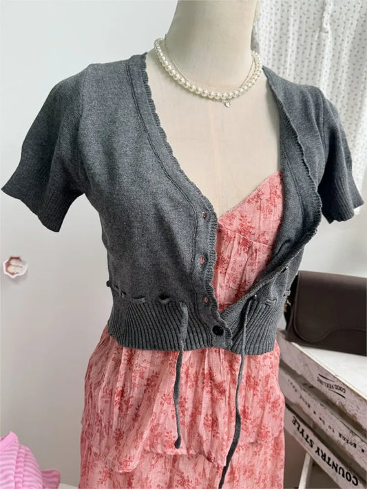 Solid Drawstring Slim Cropped Knitwear Top WomenV-neck Short Sleeve Cotton Thin Short T-shirts Sweet Casual Simple Crop Tops