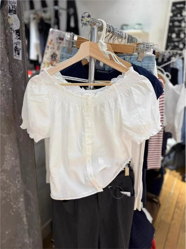White Fungus Short Sleeve T-shirts Women Summer New Casual Streetwear Buttons Tees Female Elegant Sweet Cute Tshirt Y2K Tops