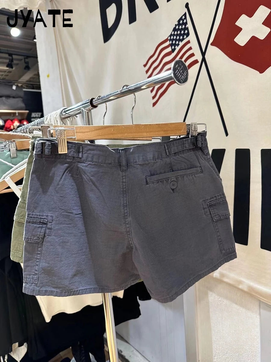 Vintage Solid Pockets Straight Short Pants Women Cotton Streetwear Casual High Waist Sweatpants Harajuku Chic Y2K Cargo Shorts