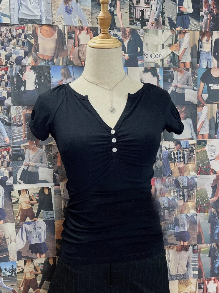 White V-neck Buttons T-shirts Women Simple All-match Casual Cotton Slim Short Sleeve Tee Sweet Cute Preppy Style Tshirt Y2K Tops