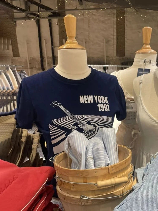 Navy Guitar Print Slim T-shirts Women Summer New Casual Streetwear O-neck Short Sleeve Tees Vintage Preppy Style Cotton Y2K Tops