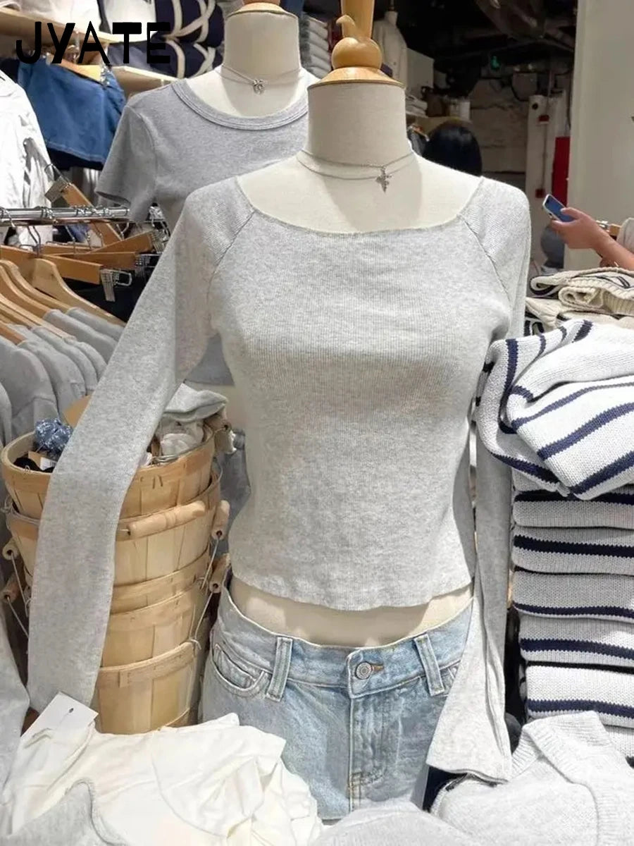 Blue Patchwork Long Sleeve T-shirt Women Spring Slash Neck Cotton Slim Tee Shirts Female Sweet Streetwear Vintage Tshirt Tops