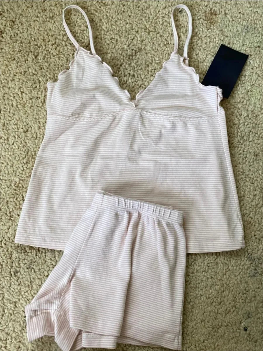 Pink Striped Fungus Tank Shorts Pajama Sets Women New V-neck Slim Camisole+eyelet Sweatshorts Sweet Cotton Home 2 Piece Outfit