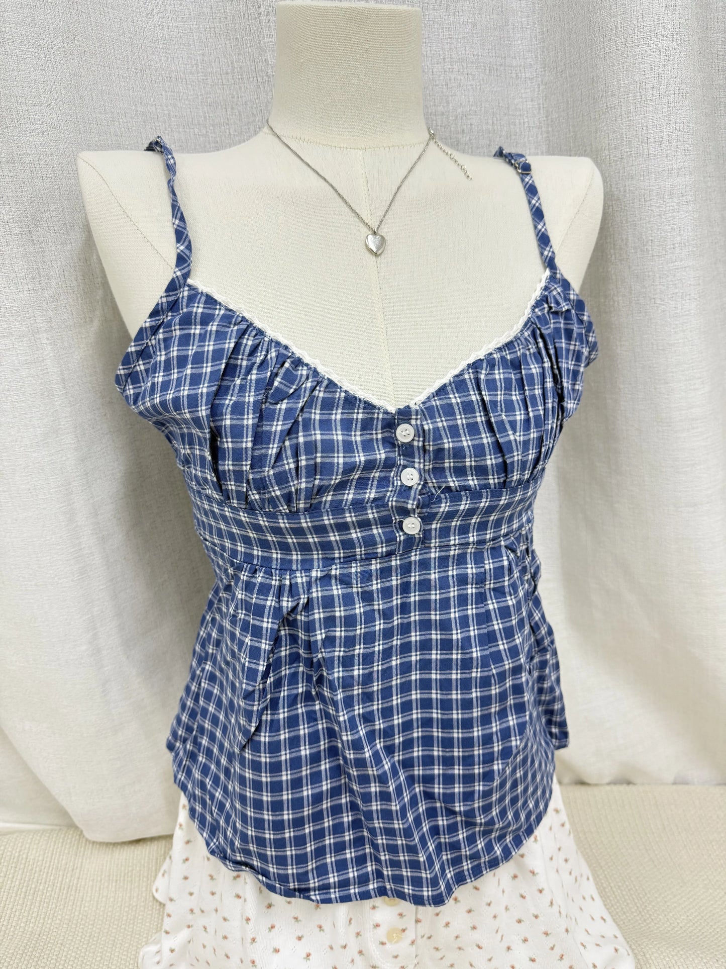 Retro White Lace Trim Blue Plaid Tank Tops Women New Buttons Back Lace-up Sleeveless Vests Vintage Chic Sweet Blouse Camis Y2K