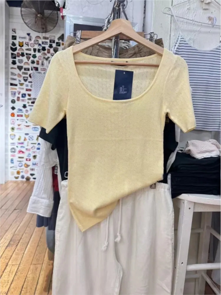 Yellow Eyelet Short Sleeve Tees Women Summer New Cotton Soft Casual Simple Square Collar T-shirts Preppy Style Sweet Cute Tops