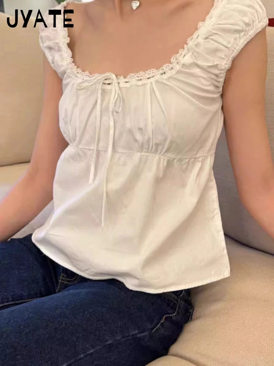 New Lace Trim Strap Cotton Short Sleeve Tees Female Casual Simple Sexy White Crew Neck Tops Clothes Sweet Cute Chic T-shirts Y2K