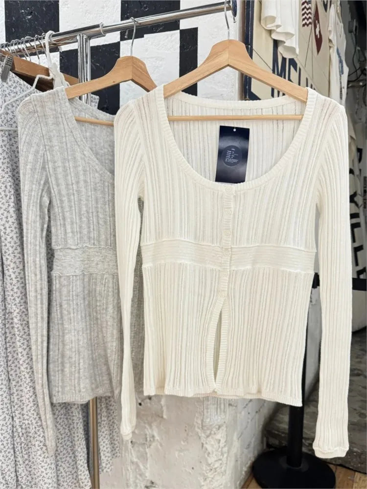 Sweet Knit Slim Long Sleeve T-shirt Women Spring New O-neck Single Breasted Cotton Hollow Out Tees Simple Casual T Shirt Y2K Top