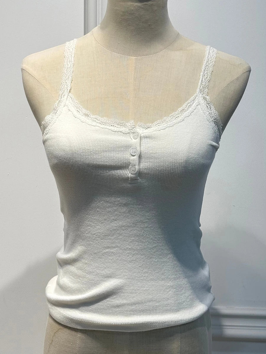 Sweet Pink Lace Trim Ribbed Camisole Women New Casual Cotton Buttons Slim Sleeveless Vest All-match Simple Cropped Tank Tops Y2K