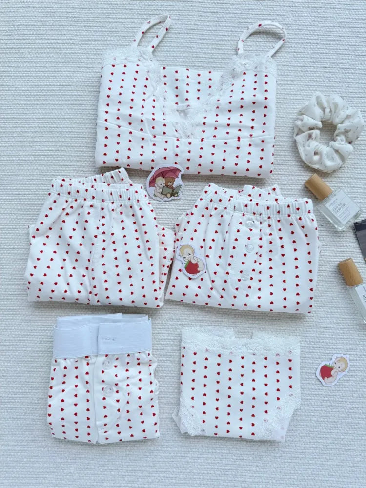 Cute Red Heart Print 2 piece Sets Women Summer Cotton Lace Trim V-neck Camisole+Short Pants Sweet Home Short Outfits Y2K