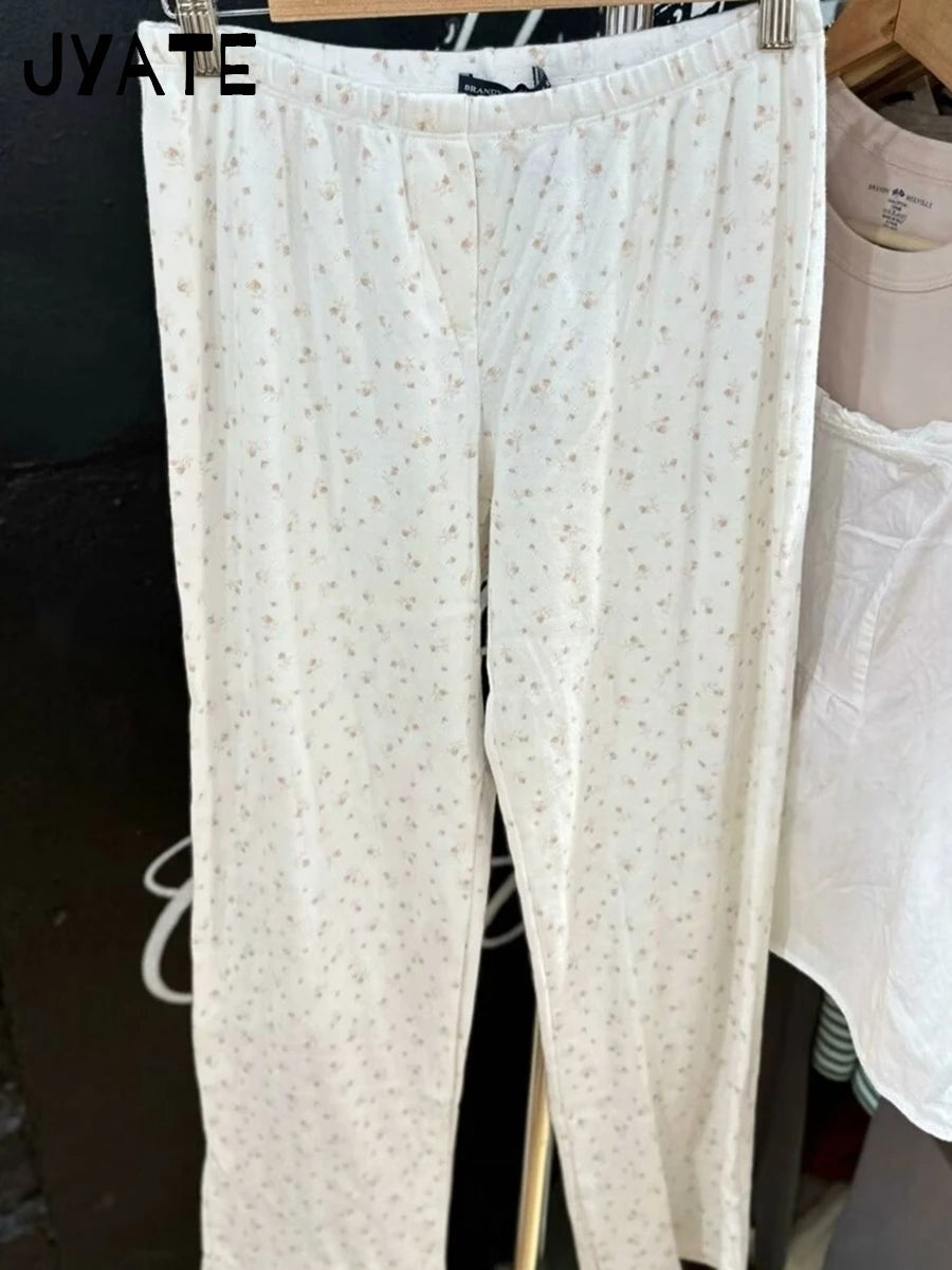 Sweet Floral Print Long Pants Women Summer New Cotton Soft Elastic High Waist Straight Trousers Cute Vintage Chic Home Pant Y2K