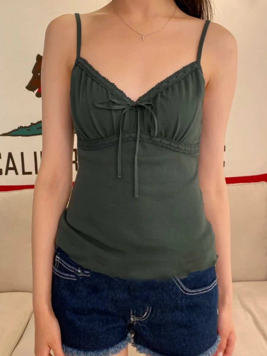 Sweet Pink Folds V-neck Tank Tops Women Summer New Casual Slim Lace-up Sleeveless Vests Cute Preppy Style Simple Camisole