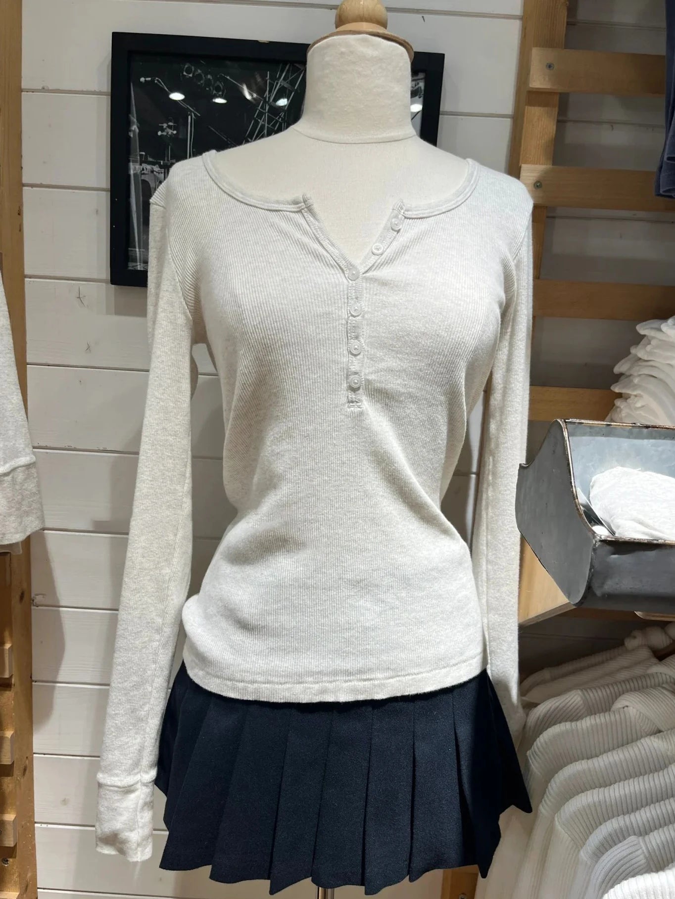 Green Vintage Ribbed Long Sleeve Tee Women's Autumn Six Button Cotton Casual Patchwork Slim T-Shirts Simple Chic Streetwear Tops