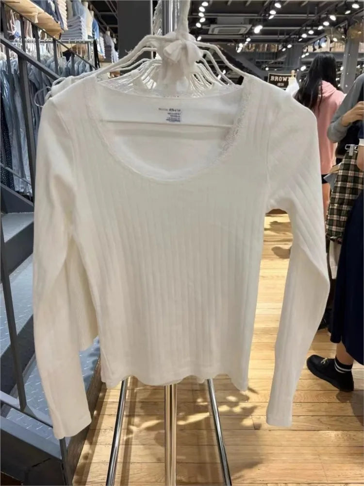 Hollow Out Lace Trim Long Sleeve Tees Women New Cotton White O-neck Slim Sexy Tops Clothes Female Chic Sweet Cute Y2K T-shirts