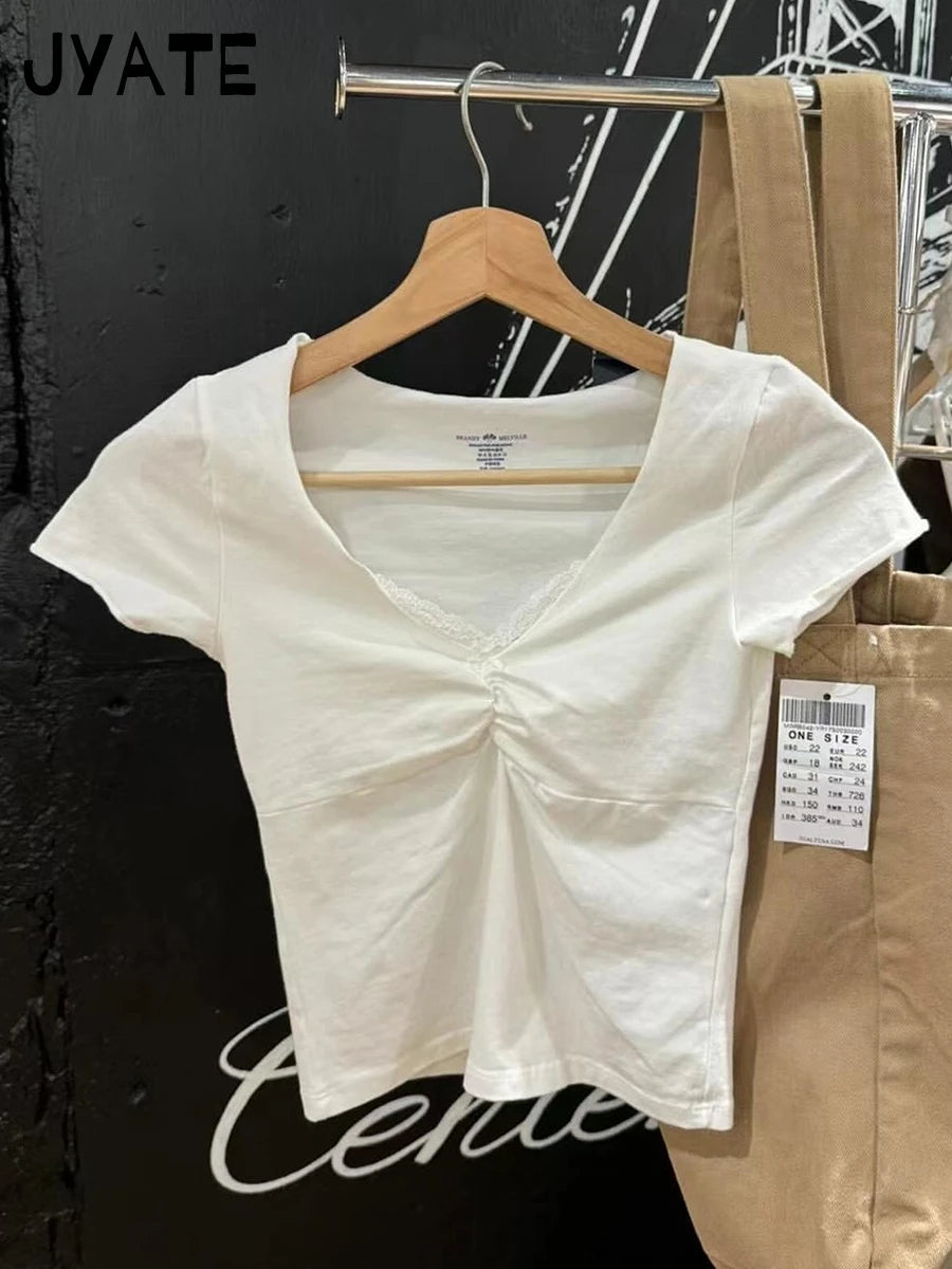 White Lace Trim Bow Crop Tops Women Summer New Cotton V-neck Slim Sexy Short Sleeve Tees Sweet Vintage Cute Simple Y2K T-shirts