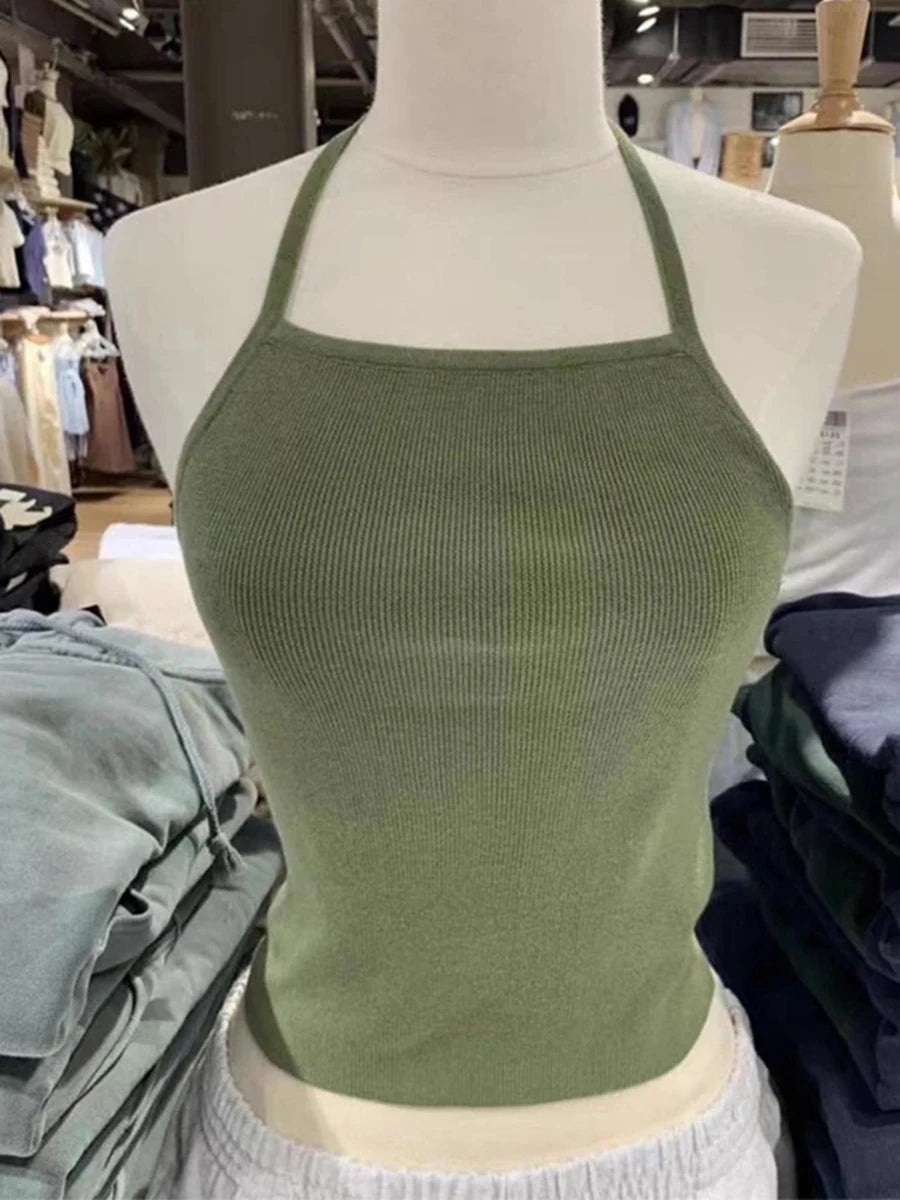 Fashion Solid Knitted Slim Camis Women New Cotton Sexy Backless Lace-up Simple Basic Crop Tops Sweet Cute Vintage Y2K Tank Tops