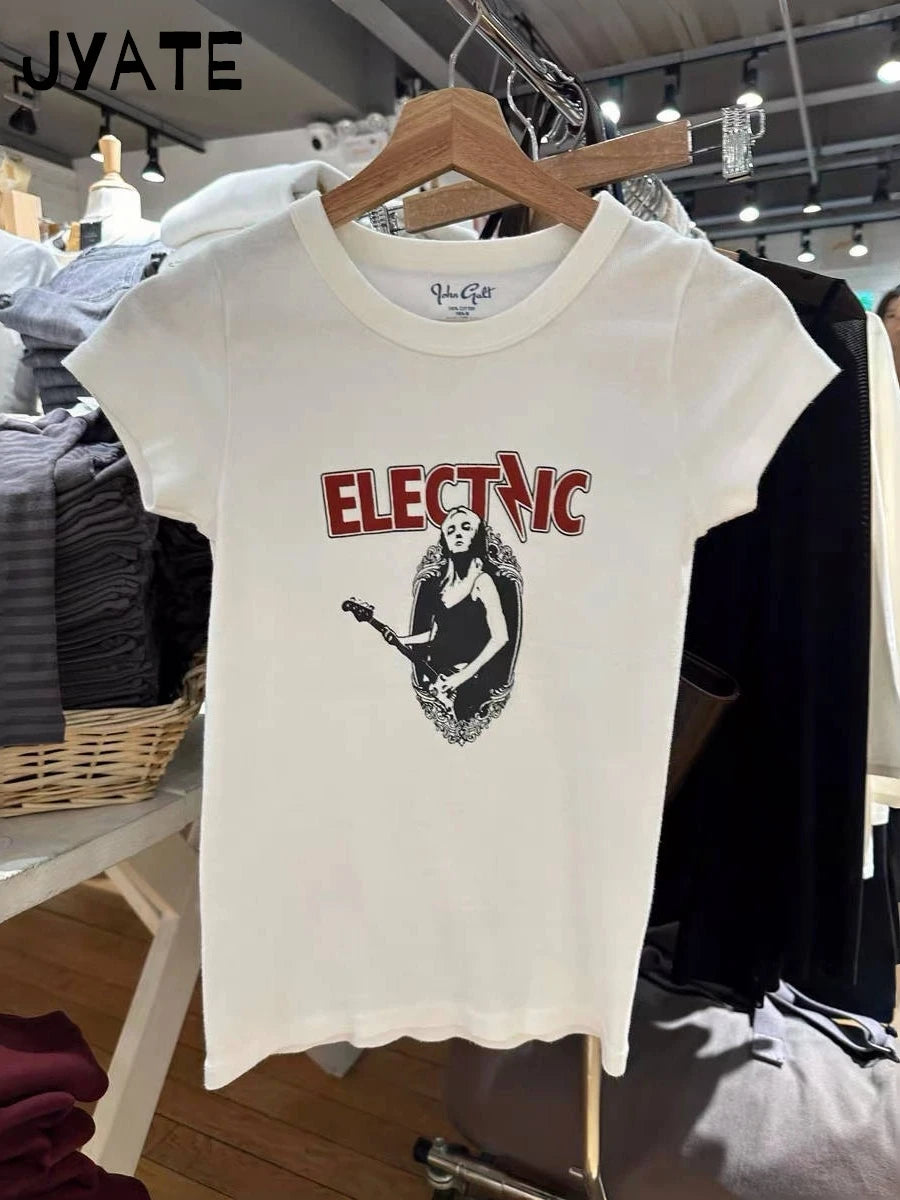 Guitarist Print O-neck Slim T-shirts Women New Cotton Street Simple White Short Sleeve Tops Clothes Vintage Chic Casual Tshirt