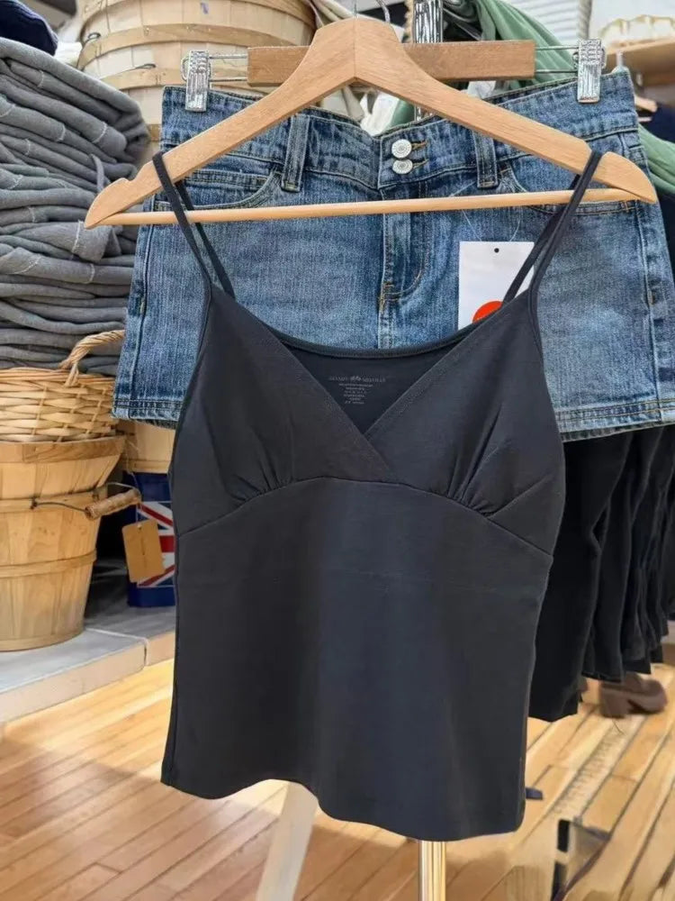 Solid Cotton V-neck Camisole Women Summer Casual Simple ALL-match Slim Sleeveless Vests American Vintage Sweet Tank Tops Y2K