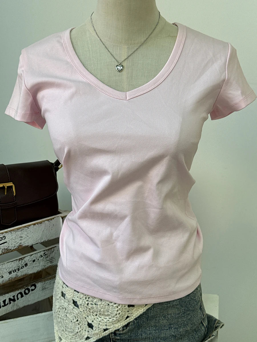 Sweet Gray Lace Trim V-neck Short Sleeve Tee Women New Cotton Casual Simple Slim Tops Clothes Vintage Basic Preppy Style T-shirt