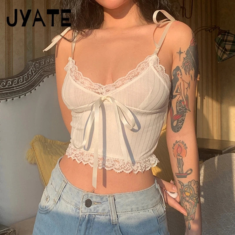 White Lace Trim Straps Tank Tops Women New Cotton Streetwear Sexy V-neck Slim Bow Cropped Vests Sweet Cute Vintage Camisole Y2K