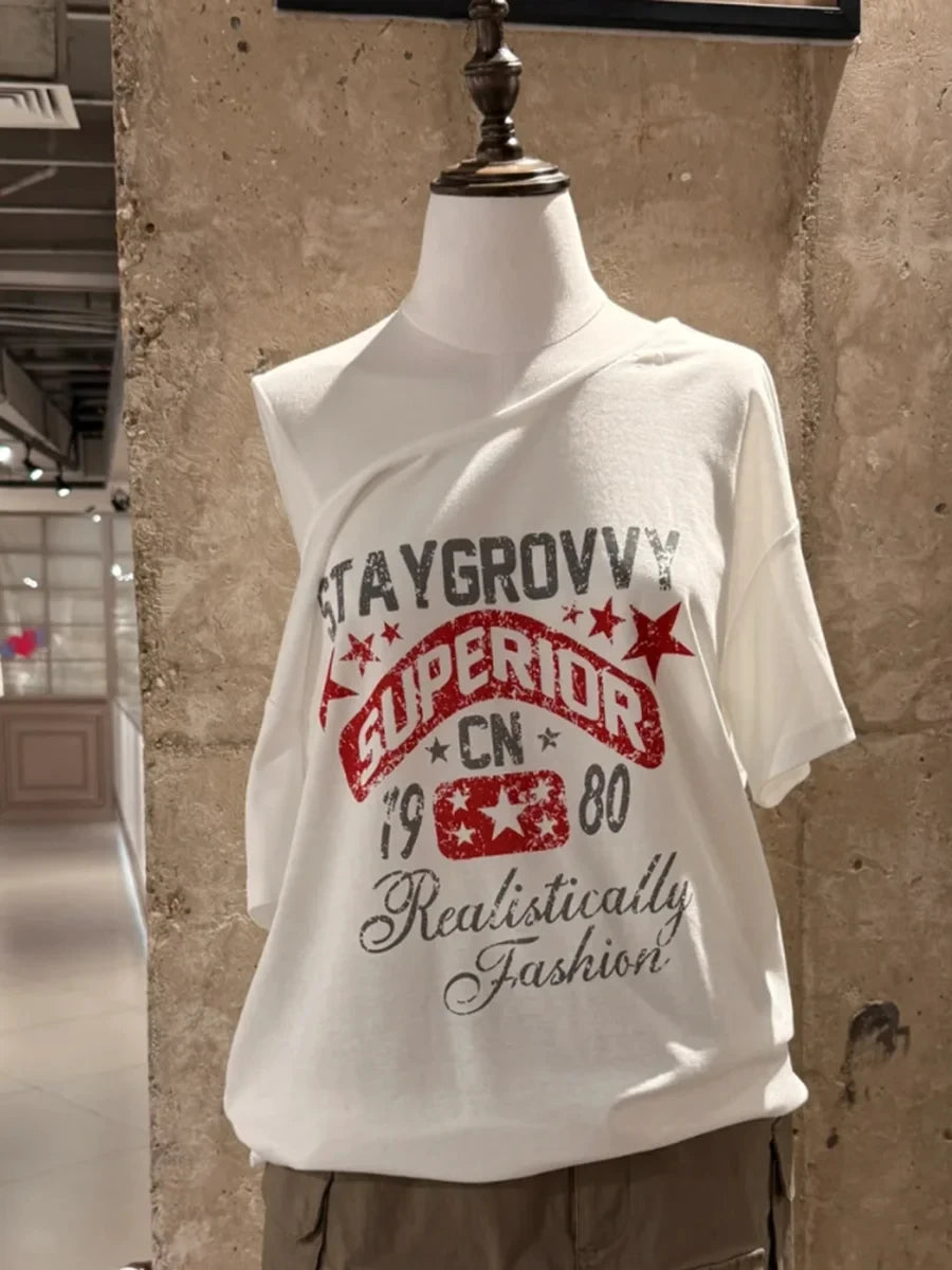 Letter Star Print Slash Neck T-shirts Women Summer New Sexy Cotton Slim Short Sleeve Tee Cute Sweet Preppy Style Tshirt Y2K Tops
