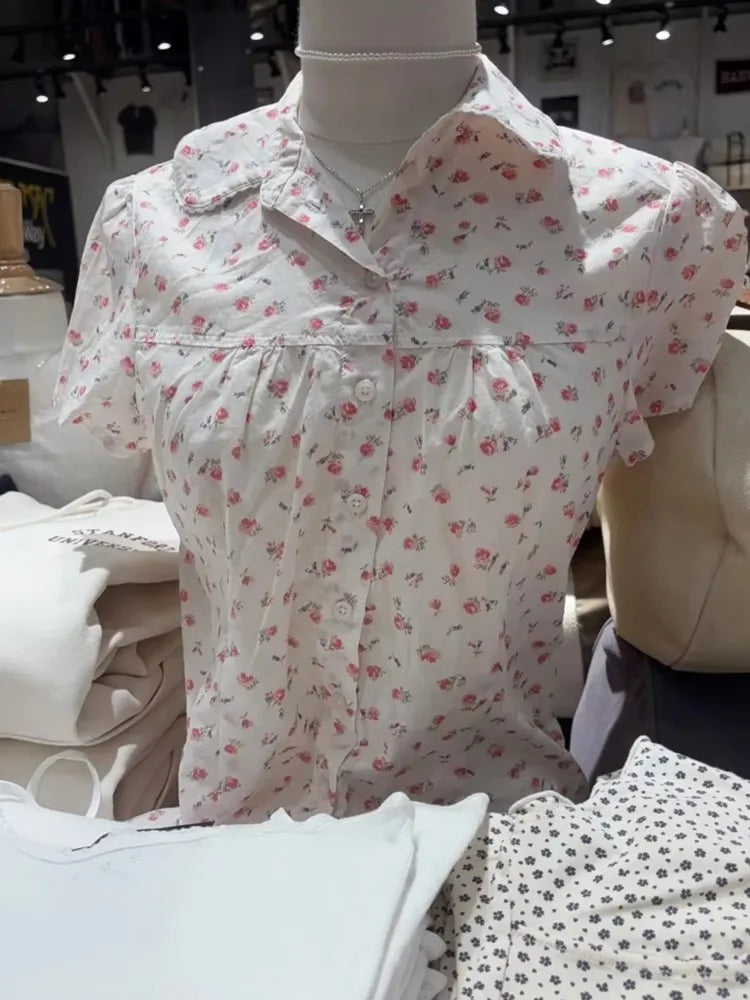 Sweet Red Floral T-shirt Blouse Woman Summer Pan Collar Single Breasted Short Sleeve Tees Casual Vintage Cute Slim Tshirt Tops