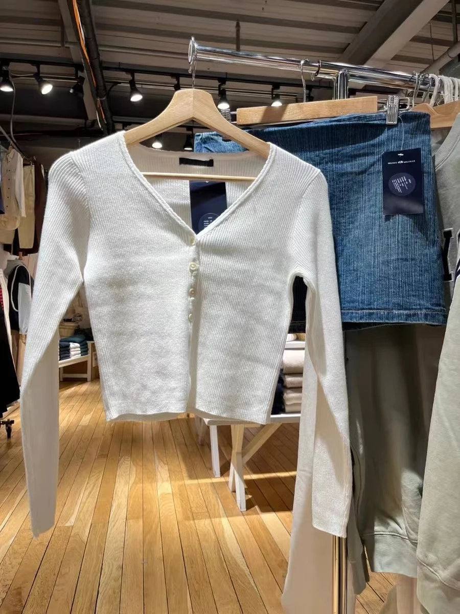 Solid Ribbed Knit Sweater Coat Women Autumn Cotton Soft Button Long Sleeve Jumper Tops Chic Slim Fashion Vintage Y2K Cardigans