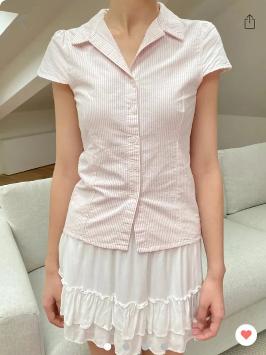 Sweet Pink Striped Button Blouse Women New Streetwear Casual Lapel Short Sleeve Tees Vintage Cute Preppy Style T-shirts Y2K Tops