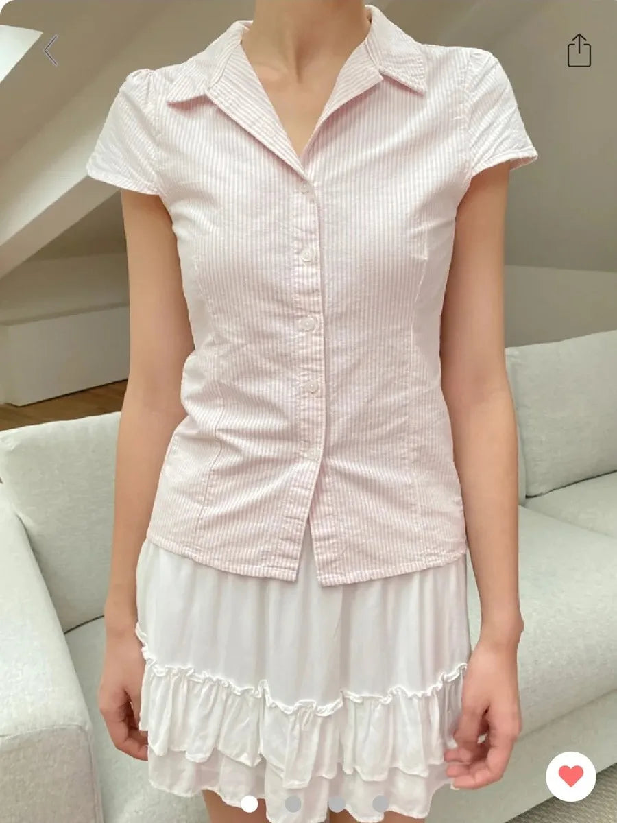 Blue Plaid  Lapel Blouse Women Summer Casual Preppy Style Buttons Short Sleeve Tees Sweet Vintage Cute T-shirts Y2K Tops New