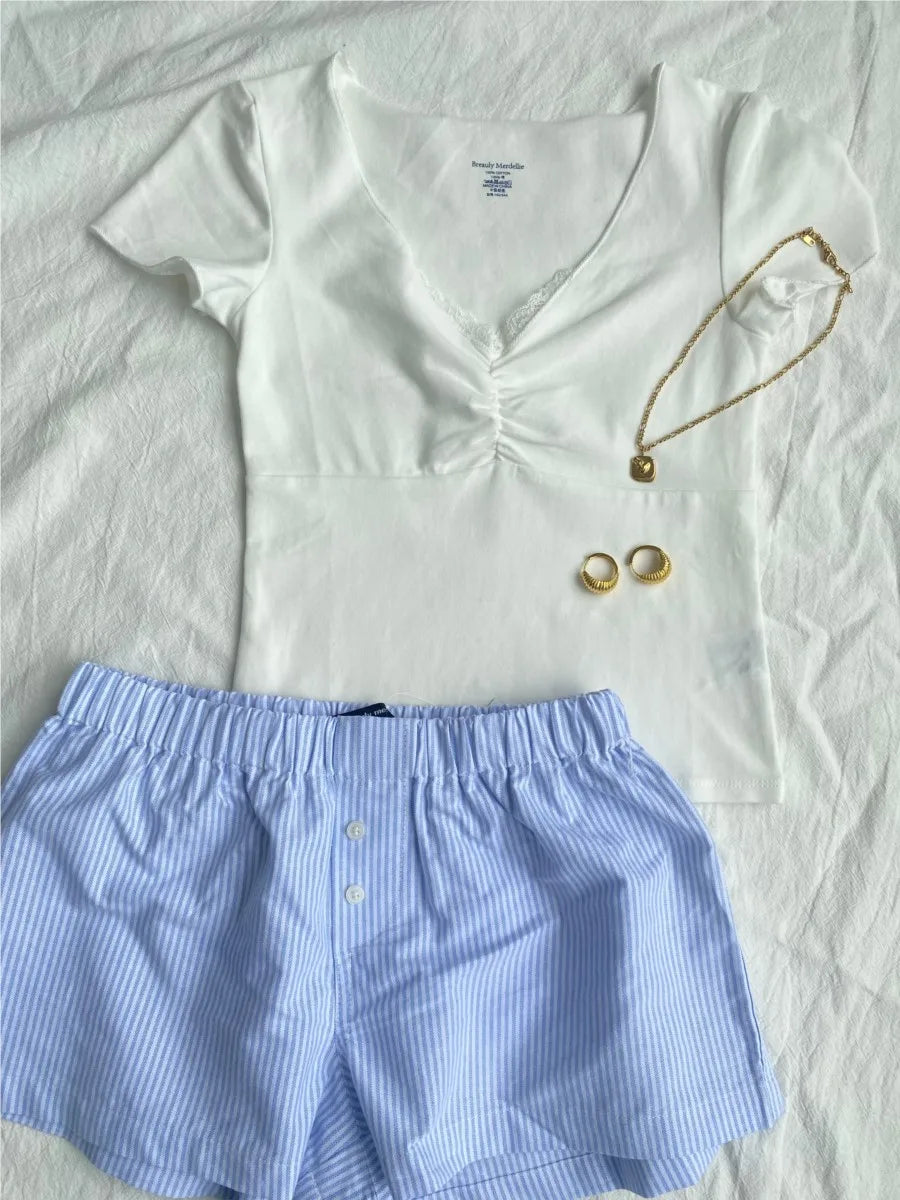 White Lace Trim Short Sleeve Tees+Stripe Shorts Womewn Suit Casual T-shirts Blue Shorts Simple Homewear Outwear Two Piece Outfit