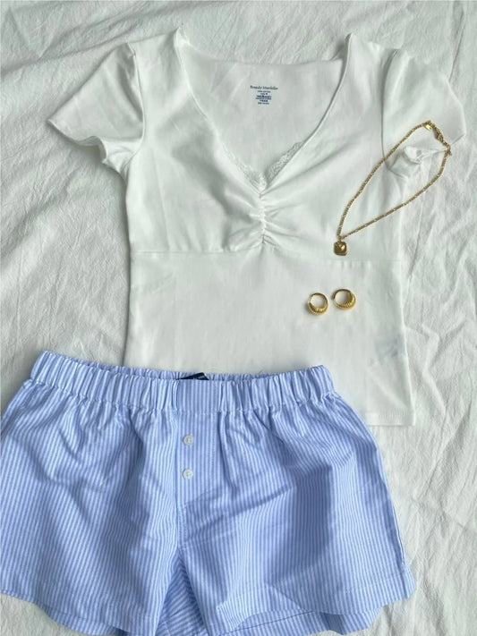 White Lace Trim Short Sleeve Tees+Stripe Shorts Womewn Suit Casual T-shirts Blue Shorts Simple Homewear Outwear Two Piece Outfit