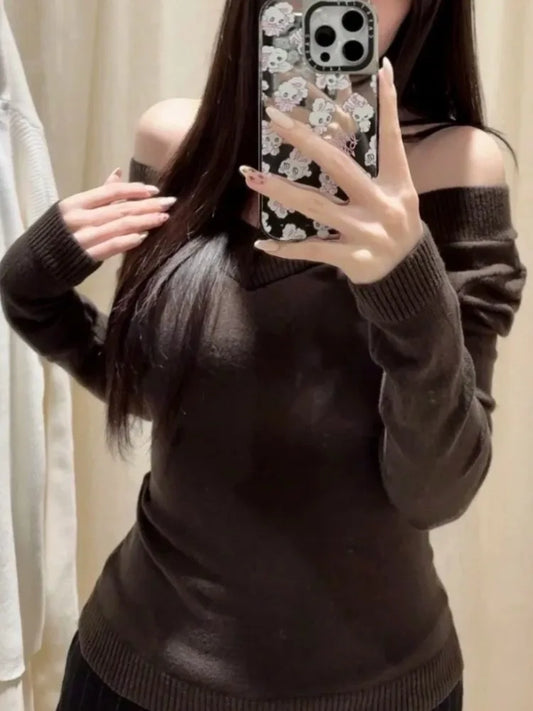 Brown Retro Knitted Long Sleeve Tees Women Autumn Cotton Simple Sexy V-neck Slim T-shirts Vintage Sweet All-match Tops Pullover