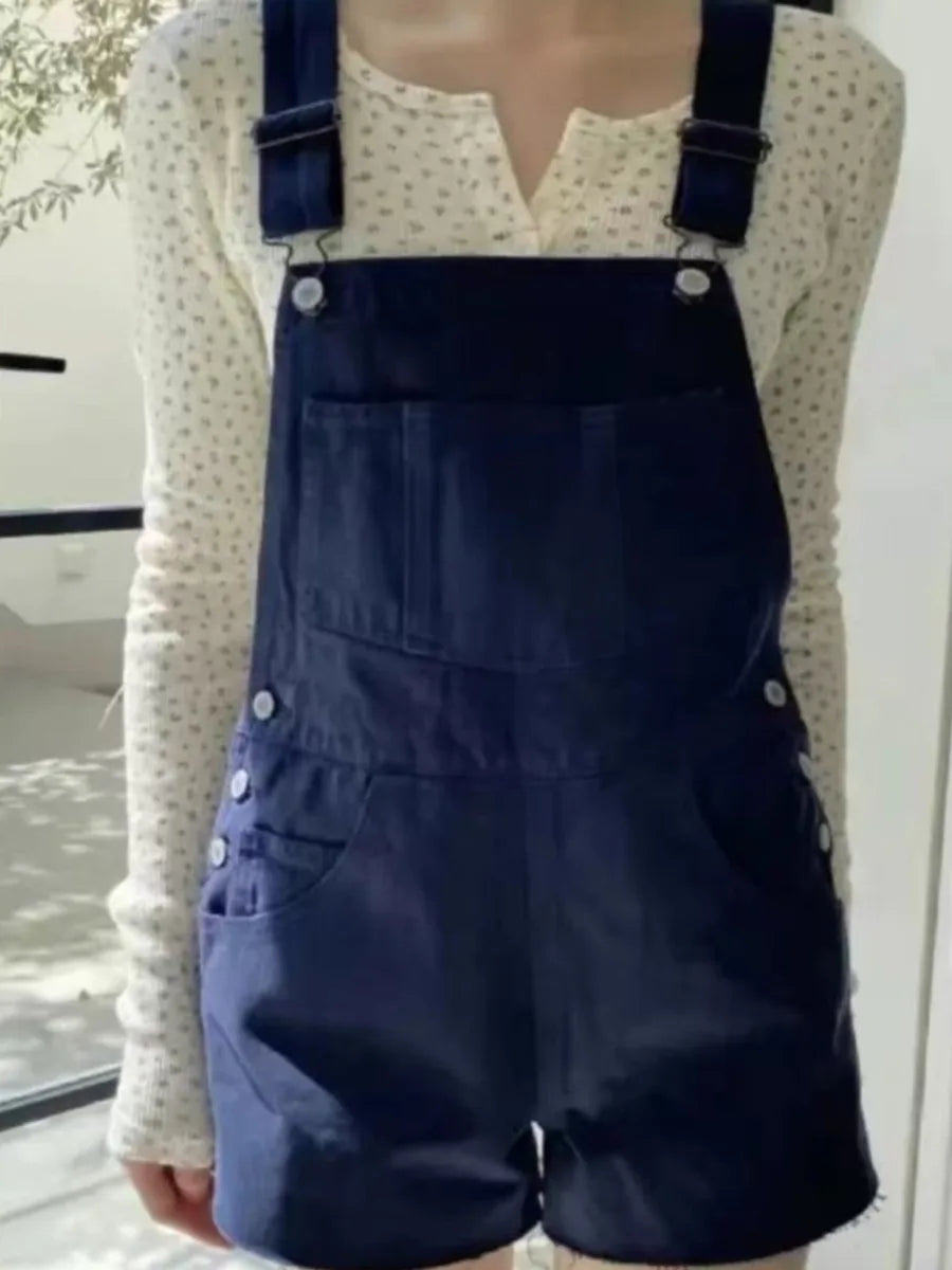 Vintage Navy Raw Hem Denim Overalls Women Summer Casual High Waist Pockets Straight Short Pants Streetwear Preppy Style Shorts