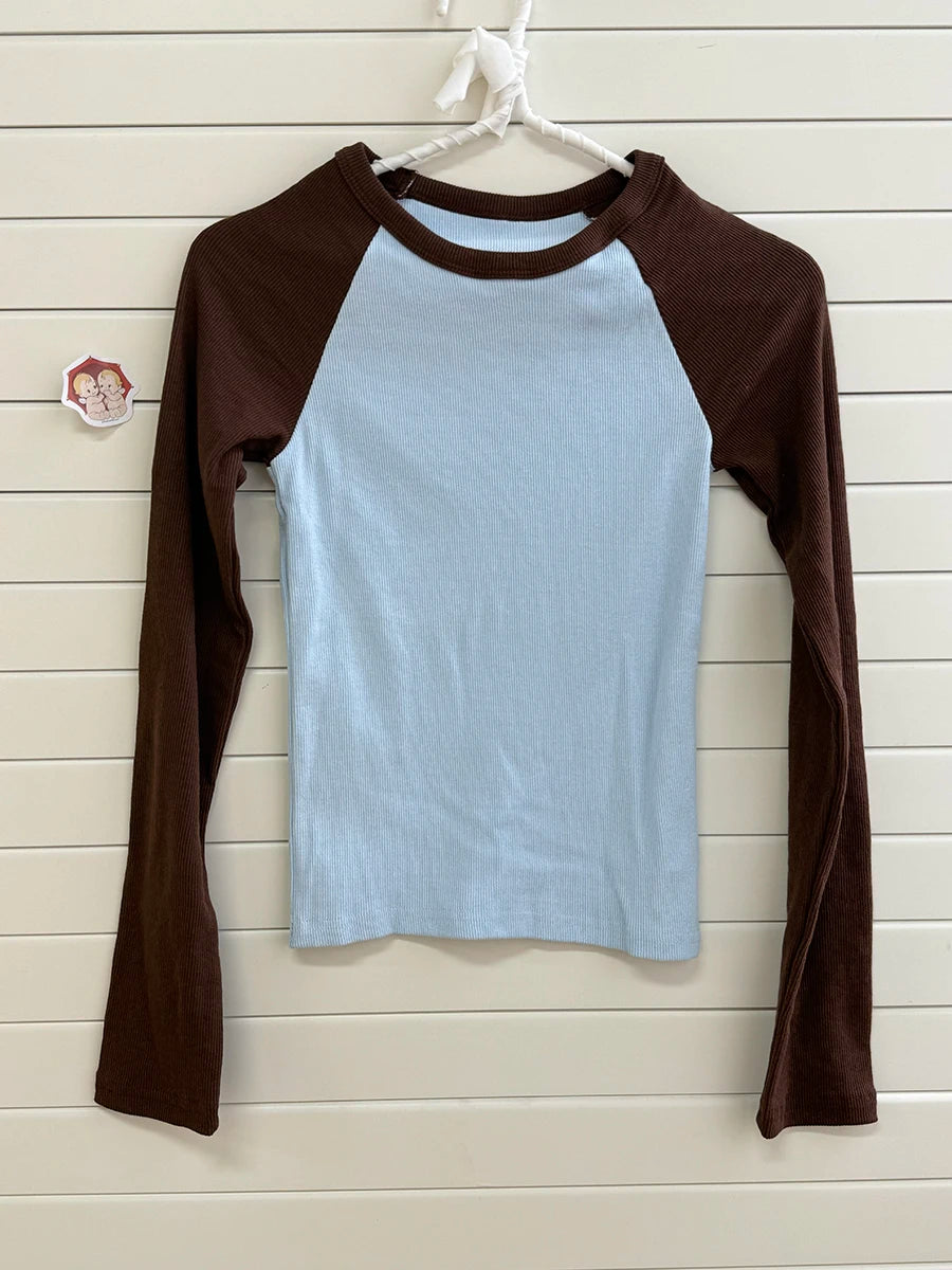 Retro Patchwork Ribbed T-shirt Women Autumn Casual Cotton Round Neck Long Sleeve Tee Shirt Vintage Preppy Style Y2K T Shirt Tops