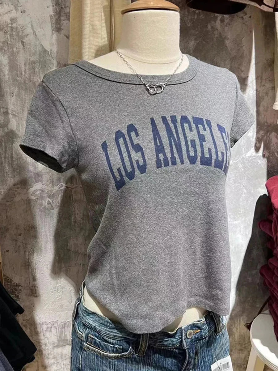 Vintage Basic Letter Print Cotton Crop Tops Women Summer O-neck Simple Gray Short Sleeve Tees Female Harajuku Chic Y2K T-shirts