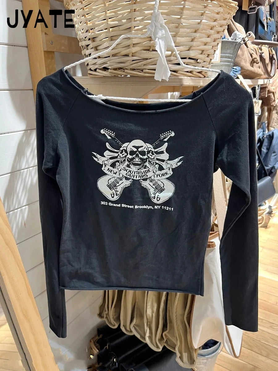 Harajuku Skull Print Long Sleeve Tees Women New Casual Slim Slash Neck Raw Hem Crop Tops Vintage Chic Streetwear T-shirts Y2K
