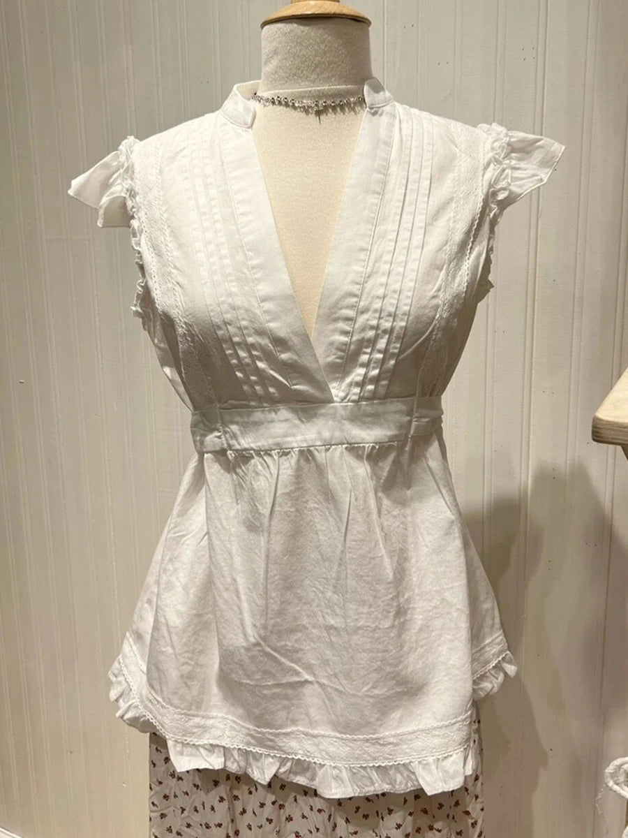 White Ruffled Chic V-neck T-shirts Women Sexy Lace-up Cute Casual Short Sleeve Tee Female Sweet Vintage Vests Tops Clothes Y2K