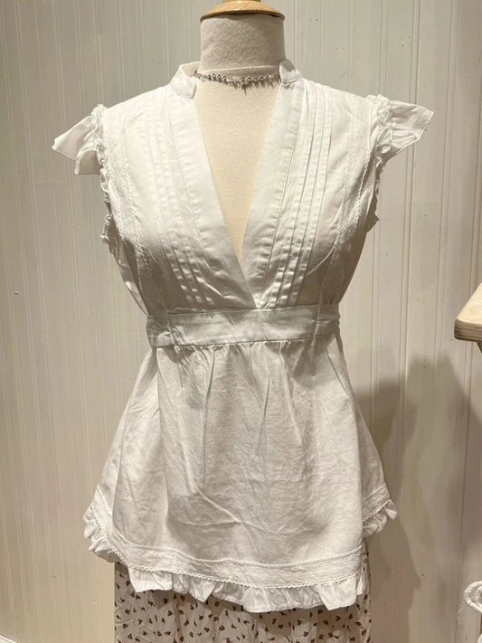 Fashion White Ruffles Chic V-neck T-shirts Women Sexy Lace-up Cute Casual Short Sleeve Tee Female Sweet Vintage Y2K Tops Clothes