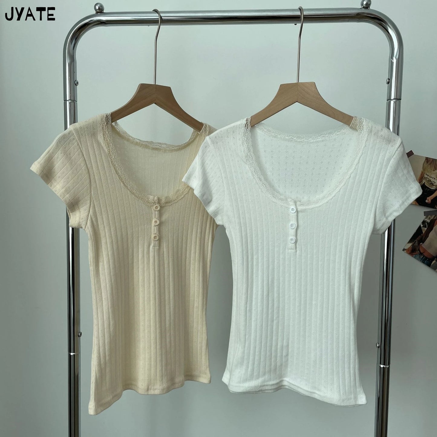 Eyelet Lace Trim Buttons Short Sleeve Tees Women New Casual Slim Streetwear Tops Femme Sweet Vintage Preppy Style T-shirts Y2K