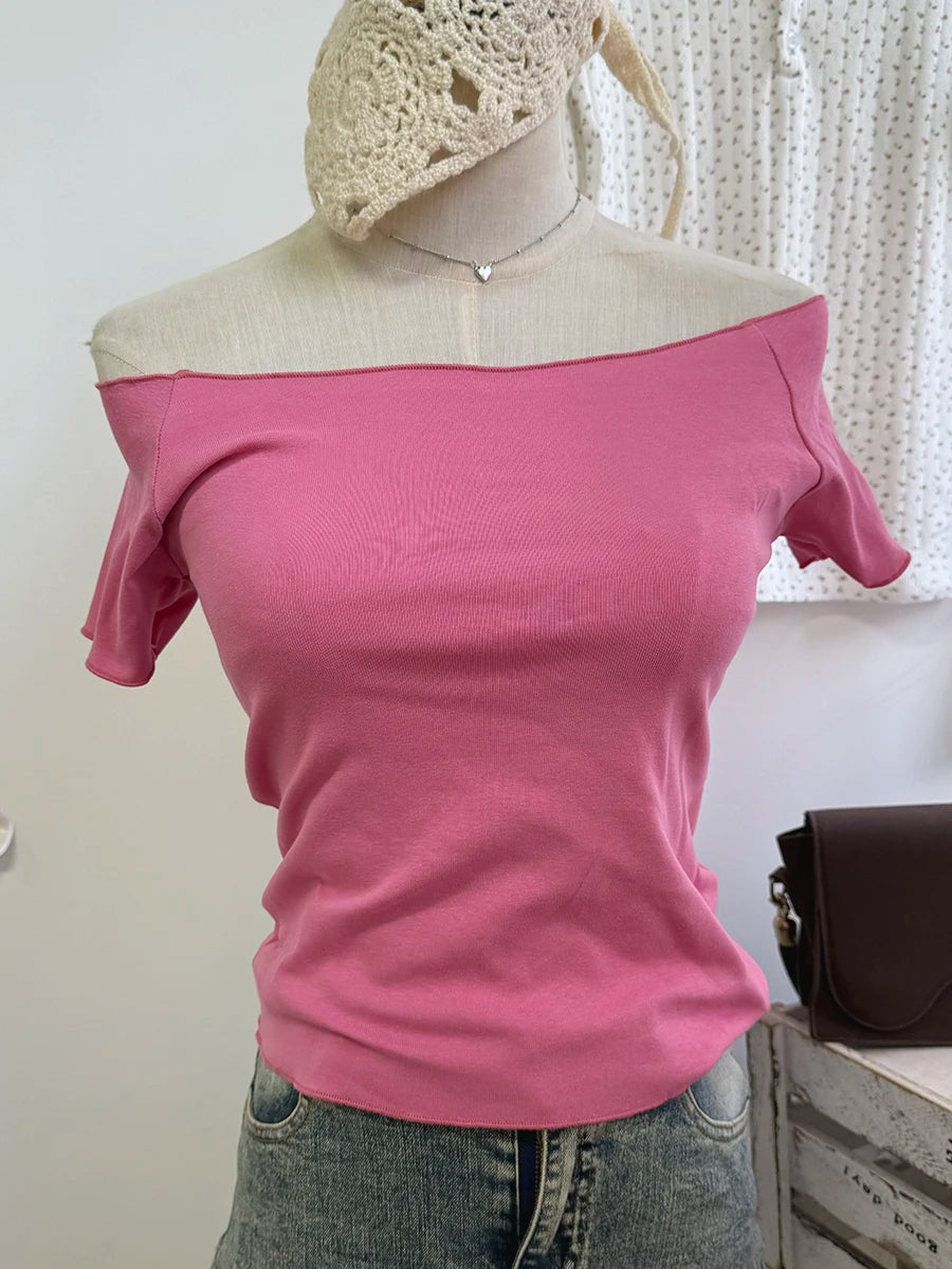 Mint Blue Slash Neck Crop Tops Women Summer Simple All-match Cotton Casual Slim T-shirts Sweet Cute Preppy Style Cropped Tees