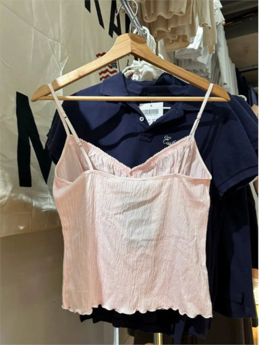 Sweet Pink Folds V-neck Tank Tops Women Summer New Casual Slim Lace-up Sleeveless Vests Cute Preppy Style Simple Camisole