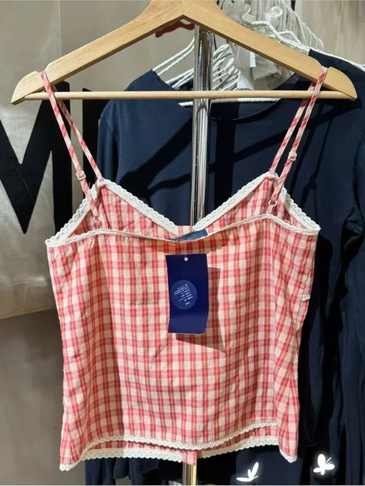 Pink Plaid Lace Trim Tank Tops Women Summer New Casual Cotton Sexy Slim Buttons Strapless Vests Sweet Vintage Cute Camisole Y2K